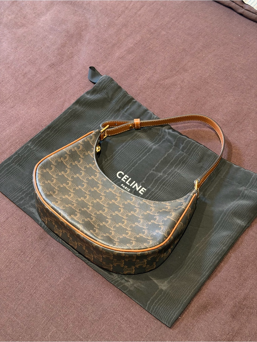 AUTHENTIC CELINE Brown Triomphe Canvas Shoulder Hobo with Tan Trim